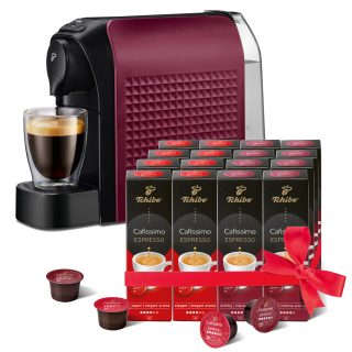 TCHIBO Cafissimo Easy Dark Red Kávovar + Espresso Elegant Aroma 8*10 kapsúl + Espresso Intense Aroma 8*10 kapsúl Home